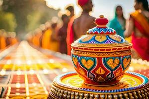a colorful pot sitting on a table with people in the background. AI-Generated photo