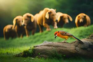a bird is standing on a log in front of a herd of cattle. AI-Generated photo