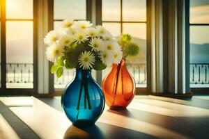 two vases with flowers sitting on a table in front of a window. AI-Generated photo