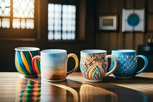 five colorful coffee mugs sitting on a table. AI-Generated photo