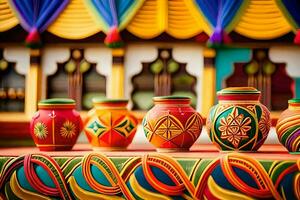 colorful pots on display at a festival. AI-Generated photo