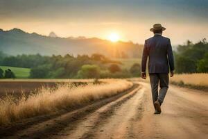 a man in a suit and hat walks down a dirt road. AI-Generated photo