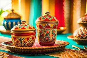colorful decorative jars on a table with plates and utensils. AI-Generated photo