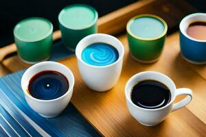 a tray of coffee cups with different colors. AI-Generated photo