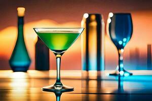 a green cocktail in a glass on a table. AI-Generated photo