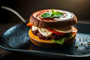 a sandwich with cheese, tomatoes and lettuce on a black plate. AI-Generated photo