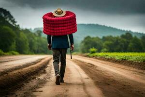 a man in a hat and suit walking down a dirt road. AI-Generated photo