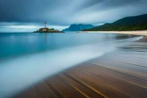 a lighthouse on a beach with waves and a cloudy sky. AI-Generated photo