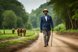 a man in a suit walks down a dirt road with cows. AI-Generated photo