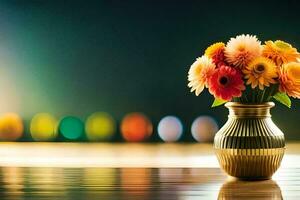 a vase with colorful flowers on a table. AI-Generated photo