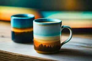 two coffee cups with trees on them. AI-Generated photo