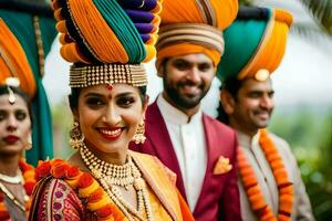 a bride and groom in traditional indian attire. AI-Generated photo