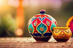 two colorful vases on a wooden table with bright lights. AI-Generated photo