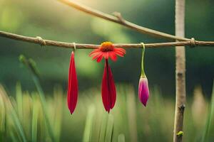 two red flowers hanging from a branch in the grass. AI-Generated photo