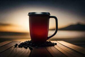 coffee mug on a wooden table with coffee beans. AI-Generated photo