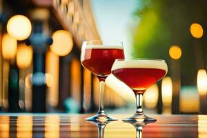 dos lentes de vino en un mesa en frente de un edificio. generado por ai foto