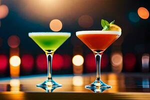 two cocktails on a bar table with blurred background. AI-Generated photo