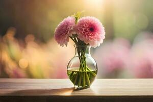 pink flowers in a vase on a table. AI-Generated photo
