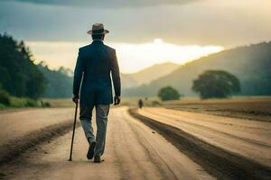 a man in a suit and hat walking down a dirt road. AI-Generated photo