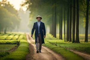 a man in a suit and hat walks down a dirt road. AI-Generated photo