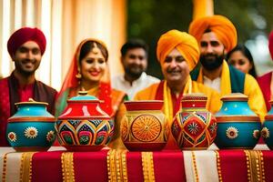 a group of people in turbans standing around a table with colorful pots. AI-Generated photo