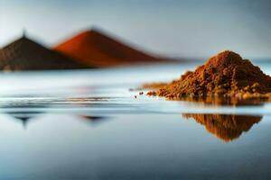 a pile of red sand in the water with mountains in the background. AI-Generated photo