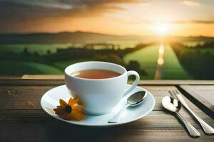 un taza de té en un mesa con un ver de el puesta de sol. generado por ai foto
