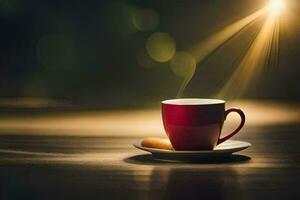 a cup of coffee on a wooden table with a light shining on it. AI-Generated photo