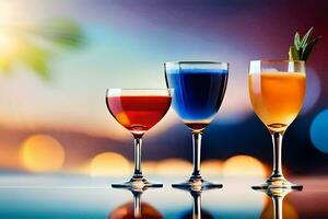 Tres lentes de diferente de colores bebidas en un mesa. generado por ai foto