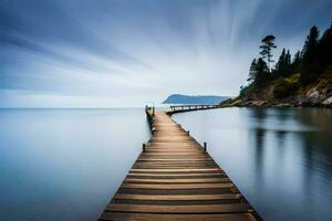 a long exposure photo of a wooden pier in the water. AI-Generated