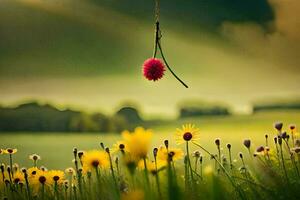 a flower hanging from a string in a field. AI-Generated photo