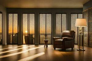 a chair and lamp in a room with large windows. AI-Generated photo