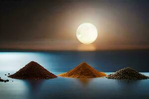 three different spices are shown in front of a full moon. AI-Generated photo