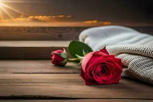 red rose on a wooden table with a blanket. AI-Generated photo