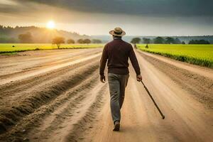 un hombre caminando abajo un suciedad la carretera con un caña. generado por ai foto