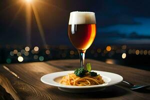 un vaso de cerveza y pasta en un mesa. generado por ai foto