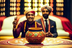 dos hombres en tradicional indio atuendo sentado en frente de un maceta. generado por ai foto