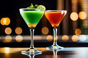 two colorful cocktails on a bar table. AI-Generated photo