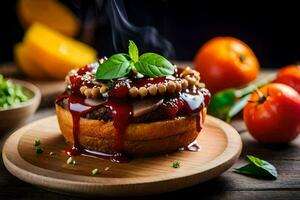 a hamburger with sauce and vegetables on a wooden plate. AI-Generated photo