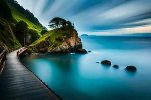 a long exposure photo of a wooden boardwalk leading to the ocean. AI-Generated