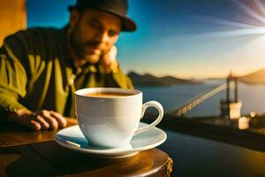 a man sitting at a table with a cup of coffee. AI-Generated photo