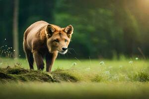 un rojo zorro es caminando en el césped. generado por ai foto