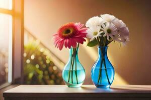 two vases with flowers sitting on a table. AI-Generated photo