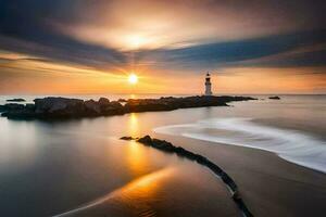 a lighthouse is seen in the sunset over the ocean. AI-Generated photo