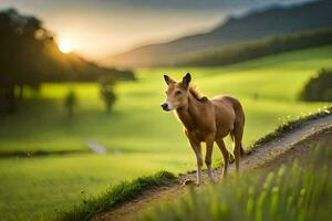 a horse is standing on a path in the middle of a field. AI-Generated photo