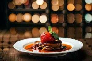 a plate with a strawberry and meat on it. AI-Generated photo