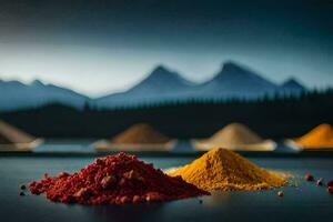 colorful spices on a table with mountains in the background. AI-Generated photo