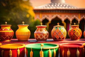 colorful pots and vases lined up in front of a building. AI-Generated photo