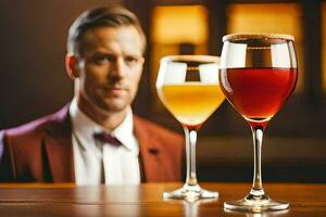 un hombre en un traje es participación dos lentes de vino. generado por ai foto