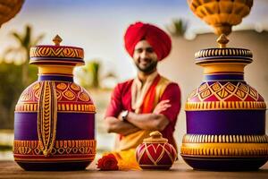 a man in a turban standing next to some colorful vases. AI-Generated photo